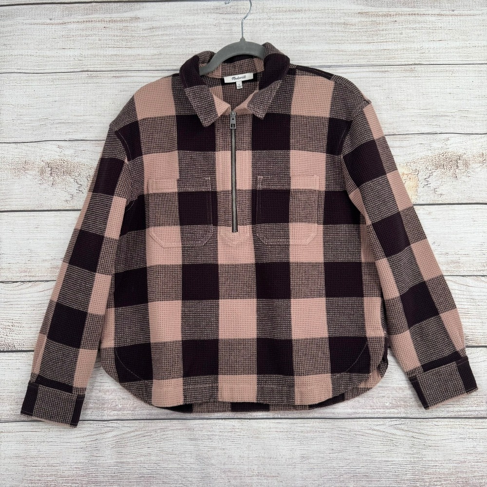 Madewell Pullover Top Women S Pink Plaid Waffle Knit Half Zip NI034